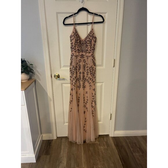 Marina Blush Embellished Gown With Sequins & Beading Floor Length Sleeveless V-N - Picture 3 of 8